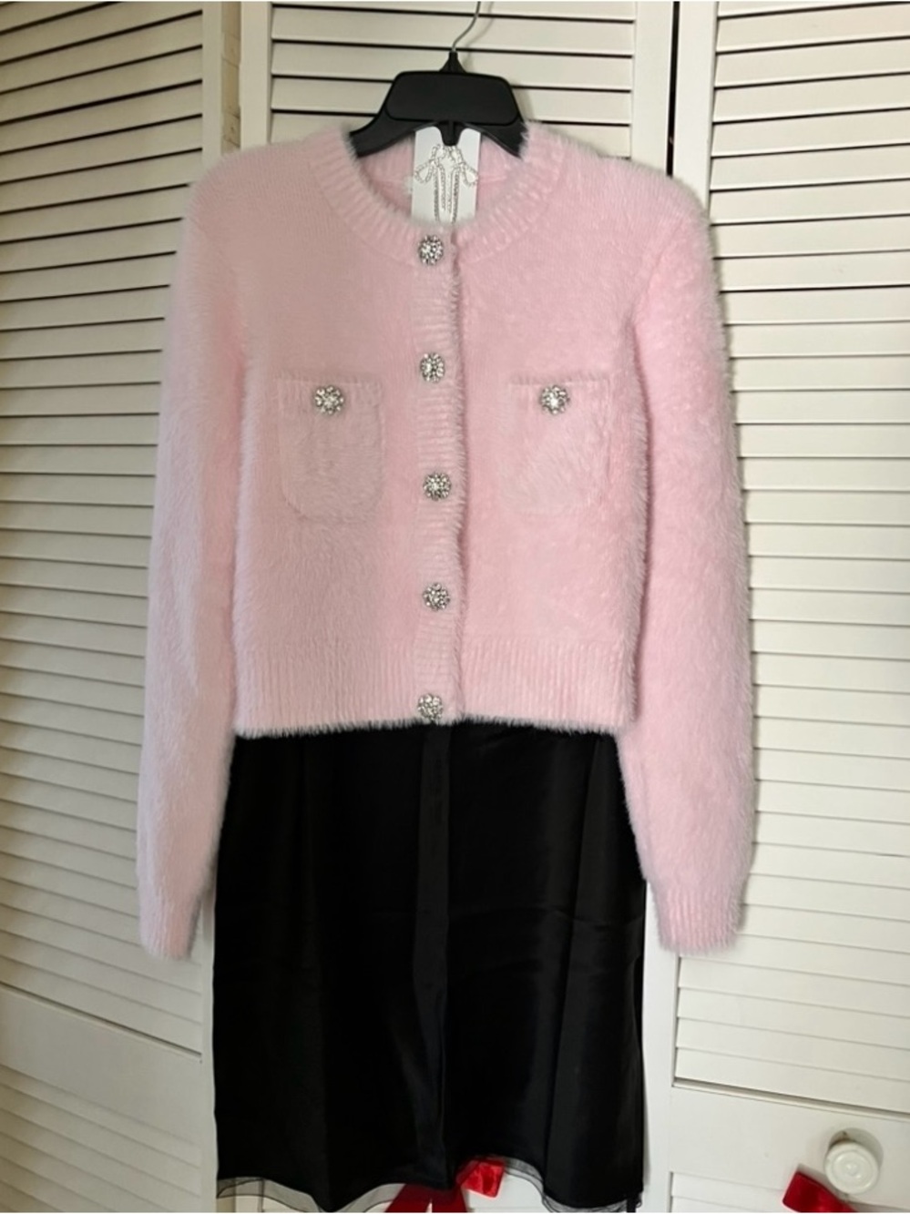J Crew Pink Lady Cardigan Jacket and Black Gwyneth Skirt with Bow Earrings Set